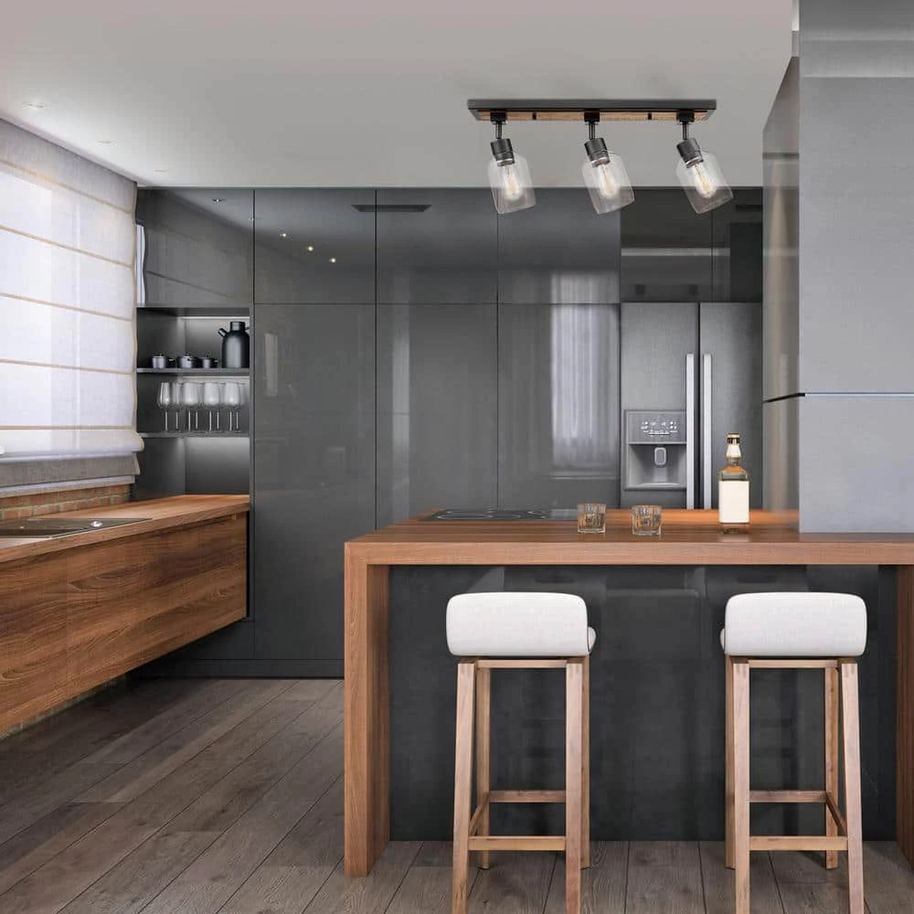 Griffith 25 in. 3-Light Faux Wood and Matte Black Track Lighting with Clear Glass Shades by Globe Electric 2 Griffith 25 in. 3-Light Faux Wood and Matte Black Track Lighting with Clear Glass Shades by Globe Electric - Image 2