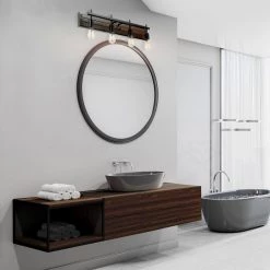 Mackay 30 in. 4-Light Faux Wood Vanity Light with Matte Black Accents by Globe Electric -Deals Globe Electric Store faux wood globe electric vanity lighting 91002140 31 1000