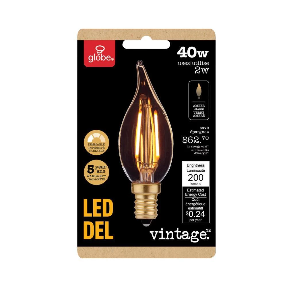 40 Watt Equivalent CA11 Dimmable Straight Filament Vintage Edison LED Light Bulb, Warm Candle Light (4-Pack) by Globe Electric 4 40 Watt Equivalent CA11 Dimmable Straight Filament Vintage Edison LED Light Bulb, Warm Candle Light (4-Pack) by Globe Electric - Image 4