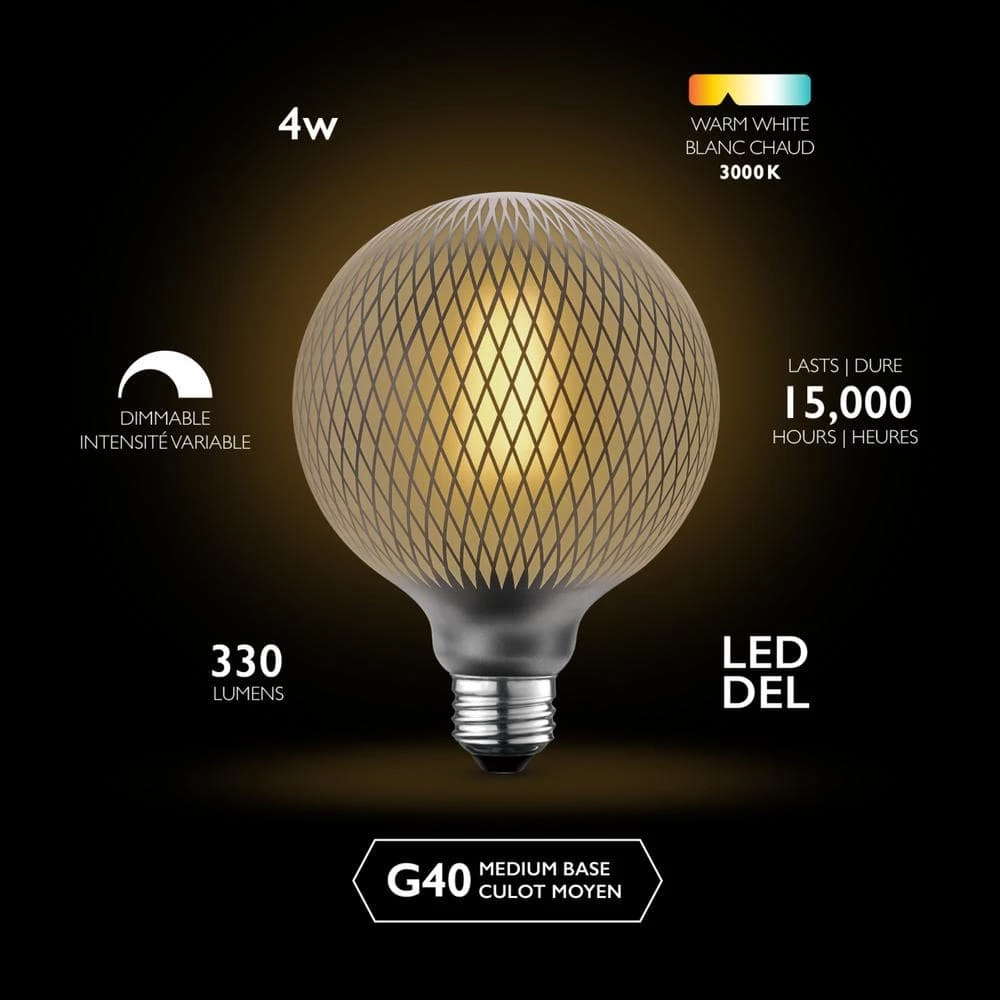 Moderna 40-Watt Equivalent E26 Base G40 Shape Oversized Frosted Filament LED Light Bulb, Silver Diamond Design by Globe Electric 10 Moderna 40-Watt Equivalent E26 Base G40 Shape Oversized Frosted Filament LED Light Bulb, Silver Diamond Design by Globe Electric - Image 10