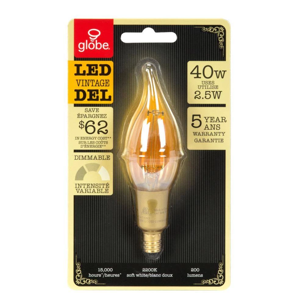 40 Watt Equivalent CA10 Dimmable Straight Filament Vintage Edison LED Light Bulb, Warm Candle Light by Globe Electric 3 40 Watt Equivalent CA10 Dimmable Straight Filament Vintage Edison LED Light Bulb, Warm Candle Light by Globe Electric - Image 3
