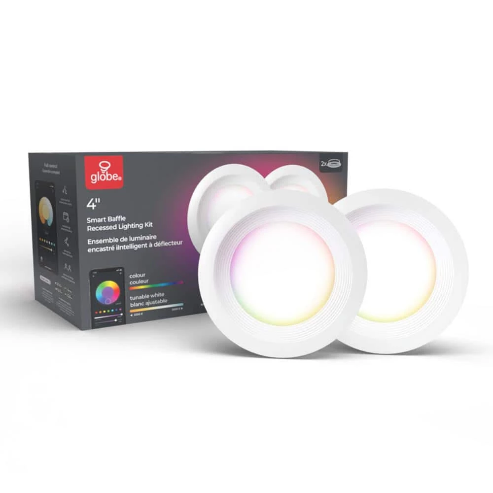 Wi-Fi Smart 4 in. Slim Baffle LED Recessed Lighting Kit 2-Pack, Multi-Color Changing RGB, Tunable White, Wet Rated by Globe Electric 1 Wi-Fi Smart 4 in. Slim Baffle LED Recessed Lighting Kit 2-Pack, Multi-Color Changing RGB, Tunable White, Wet Rated by Globe Electric