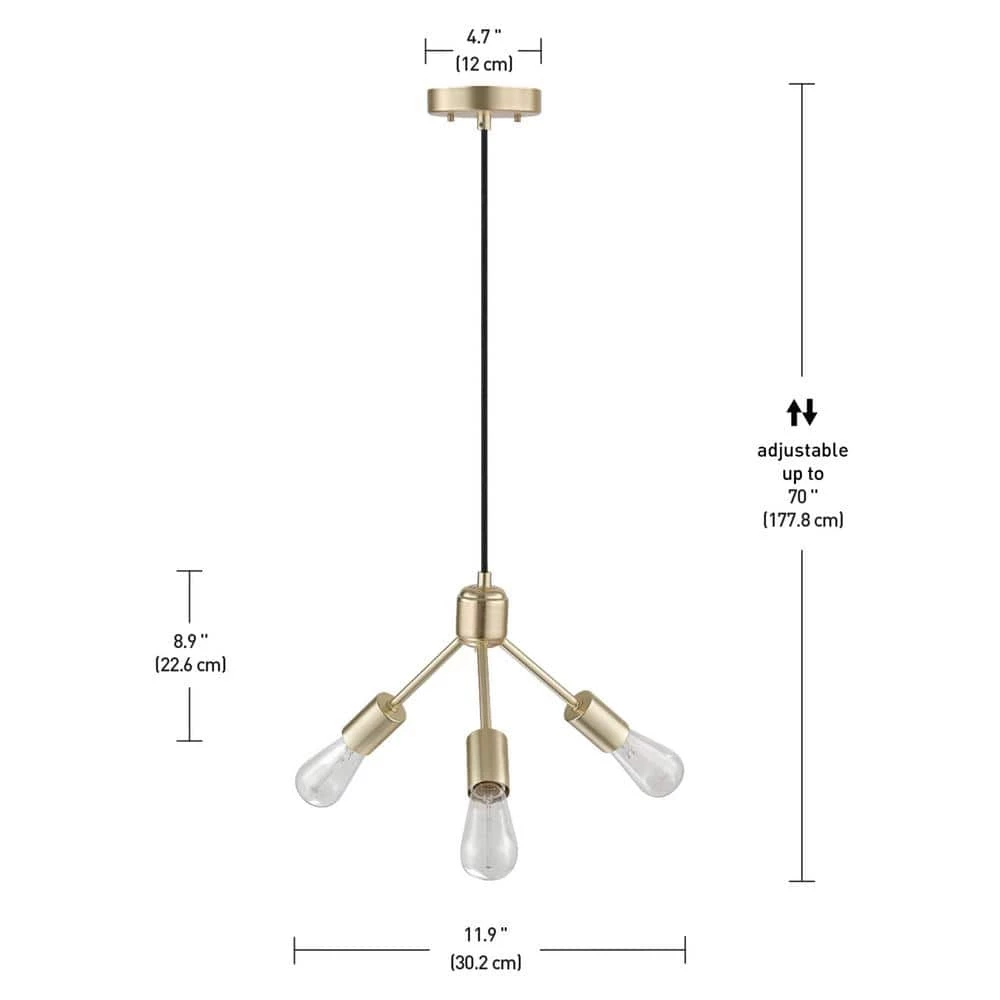 3-Light Gold Chandelier with Matte Black Cloth Cord by Globe Electric 5 3-Light Gold Chandelier with Matte Black Cloth Cord by Globe Electric - Image 5