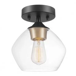Harrow 1-Light Matte Black Semi-Flush Mount Ceiling Light with Gold Accent Socket and Clear Glass Shade by Globe Electric
