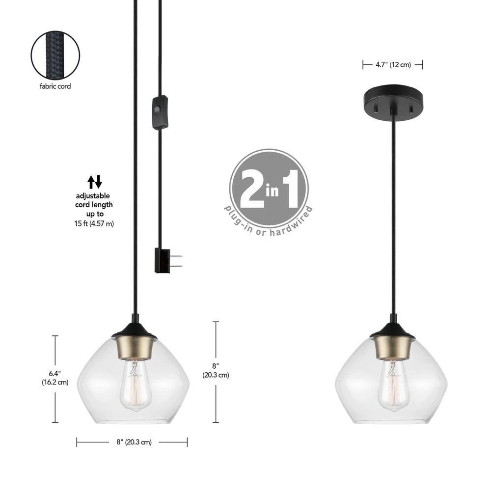 Brown 1-Light Matte Black Plug-In or Hardwire Pendant Lighting with 15 ft. Cord by Globe Electric 7 Brown 1-Light Matte Black Plug-In or Hardwire Pendant Lighting with 15 ft. Cord by Globe Electric - Image 7