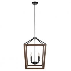 4-Light Matte Black Pendant with Faux Wood Accent, Vintage Incandescent Bulbs Included by Globe Electric -Deals Globe Electric Store matte black globe electric chandeliers 61036 1f 1000