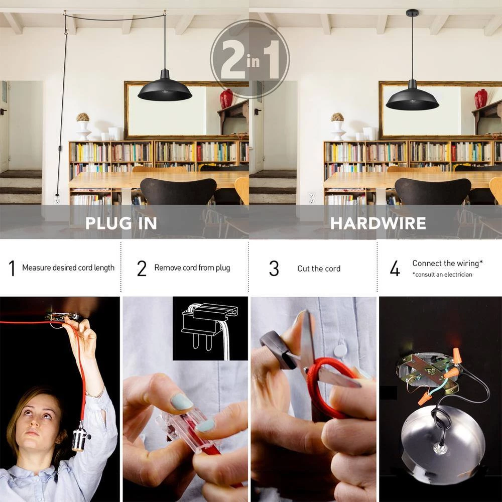 Tucker 1-Light Matte Black Plug-In or Hardwire Pendant Lighting with 15 ft. Cord by Globe Electric 2 Tucker 1-Light Matte Black Plug-In or Hardwire Pendant Lighting with 15 ft. Cord by Globe Electric - Image 2