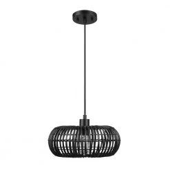 Maren 1-Light Matte Black Shaded Pendant Light with Black Rattan Shade by Globe Electric