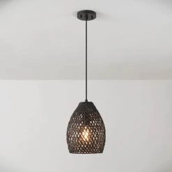 Kora 1-Light Matte Black Shaded Pendant Light with Black Twine Shade by Globe Electric -Deals Globe Electric Store matte black globe electric chandeliers 91002263 76 1000