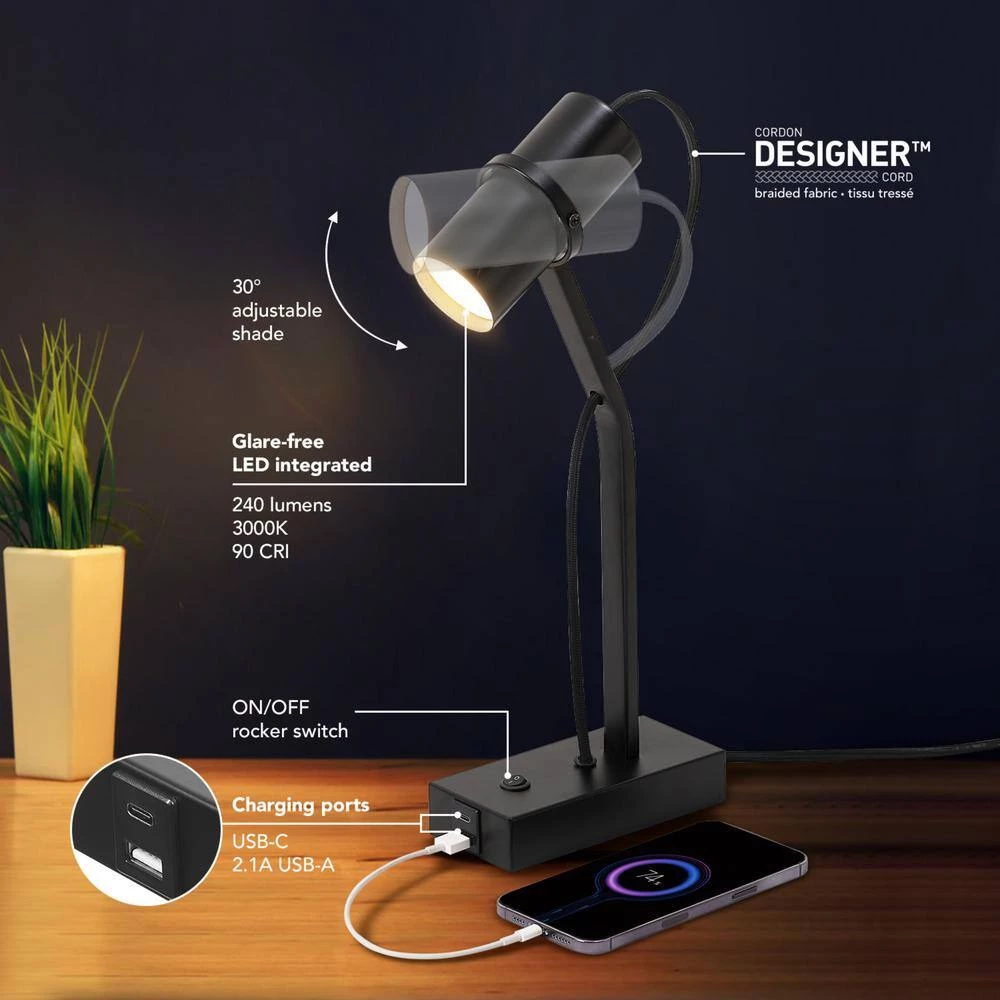 MRDK by Globe 16 in. Matte Black LED Integrated Floor Lamp with Adjustable Shade and Combined USB Port and USB-C Port by Globe Electric 6 MRDK by Globe 16 in. Matte Black LED Integrated Floor Lamp with Adjustable Shade and Combined USB Port and USB-C Port by Globe Electric - Image 6