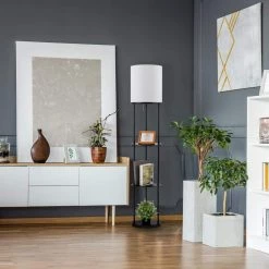 Reid 57.5 in. Matte Black Shelf Floor Lamp with White Linen Shade by Globe Electric -Deals Globe Electric Store matte black globe electric floor lamps 67042 44 1000