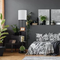 Reid 57.5 in. Matte Black Shelf Floor Lamp with White Linen Shade by Globe Electric -Deals Globe Electric Store matte black globe electric floor lamps 67042 4f 1000