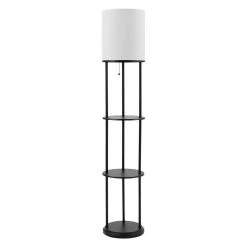 Reid 57.5 in. Matte Black Shelf Floor Lamp with White Linen Shade by Globe Electric