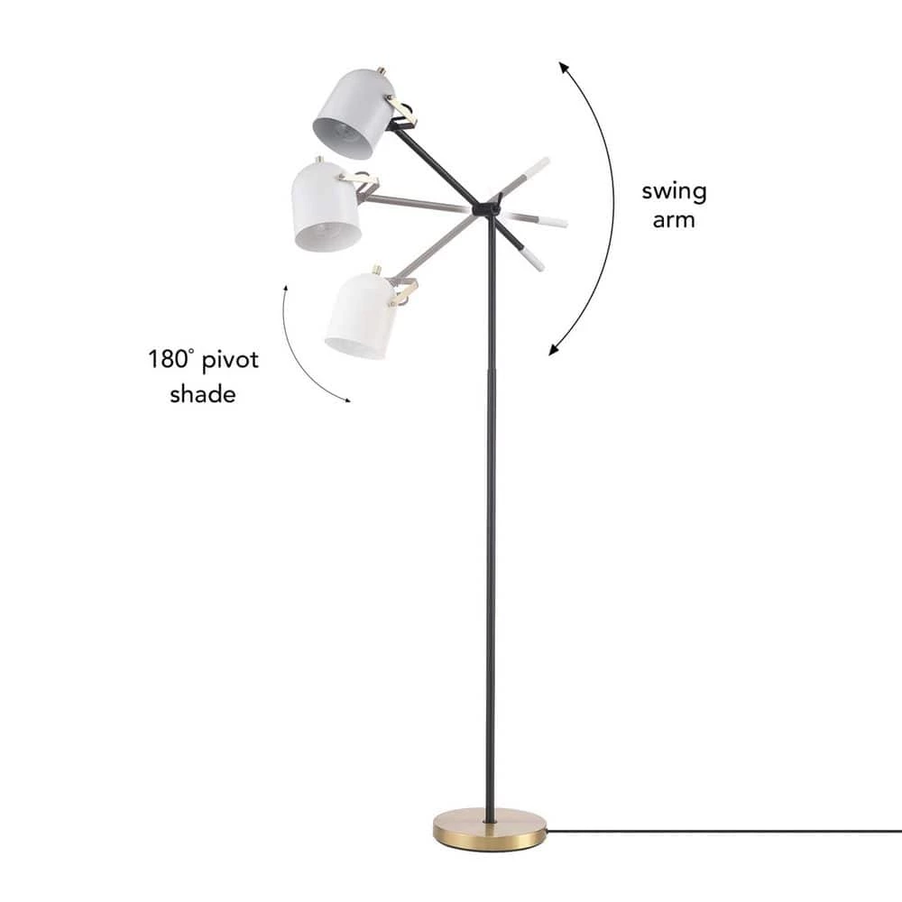 65 in. Matte Black Floor Lamp with Brass Accents and White Shade, On/Off Rotary Switch on Head by Globe Electric 3 65 in. Matte Black Floor Lamp with Brass Accents and White Shade, On/Off Rotary Switch on Head by Globe Electric - Image 3