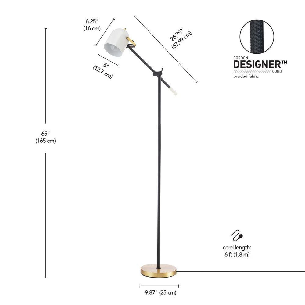 65 in. Matte Black Floor Lamp with Brass Accents and White Shade, On/Off Rotary Switch on Head by Globe Electric 4 65 in. Matte Black Floor Lamp with Brass Accents and White Shade, On/Off Rotary Switch on Head by Globe Electric - Image 4