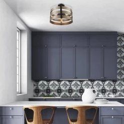 Maddox 16 in. 3-Light Matte Black Flush Mount Ceiling Light with Faux Wood Shade by Globe Electric -Deals Globe Electric Store matte black globe electric flush mount lights 60804 31 1000