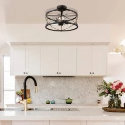 Denali 15 in. 3-Light Matte Black Semi-Flush Mount with Brass Accents by Globe Electric -Deals Globe Electric Store matte black globe electric flush mount lights 60869 31 1000