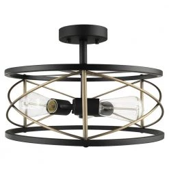 Denali 15 in. 3-Light Matte Black Semi-Flush Mount with Brass Accents by Globe Electric