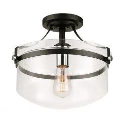 Ella 13 in. 1-Light Matte Black Semi-Flush Mount with Chrome Accents and Clear Glass Shade, Incandescent Bulb Included by Globe Electric