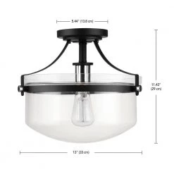 Ella 13 in. 1-Light Matte Black Semi-Flush Mount with Chrome Accents and Clear Glass Shade, Incandescent Bulb Included by Globe Electric -Deals Globe Electric Store matte black globe electric flush mount lights 61260 fa 1000
