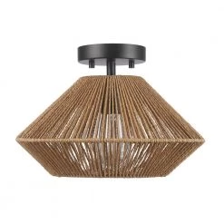 13 in. 1-Light Matte Black Semi-Flush Mount Ceiling Light with Natural Twine Shade, Ceiling Light Fixture, E26 Base by Globe Electric