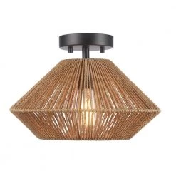 13 in. 1-Light Matte Black Semi-Flush Mount Ceiling Light with Natural Twine Shade, Ceiling Light Fixture, E26 Base by Globe Electric -Deals Globe Electric Store matte black globe electric flush mount lights 66000004 fa 1000