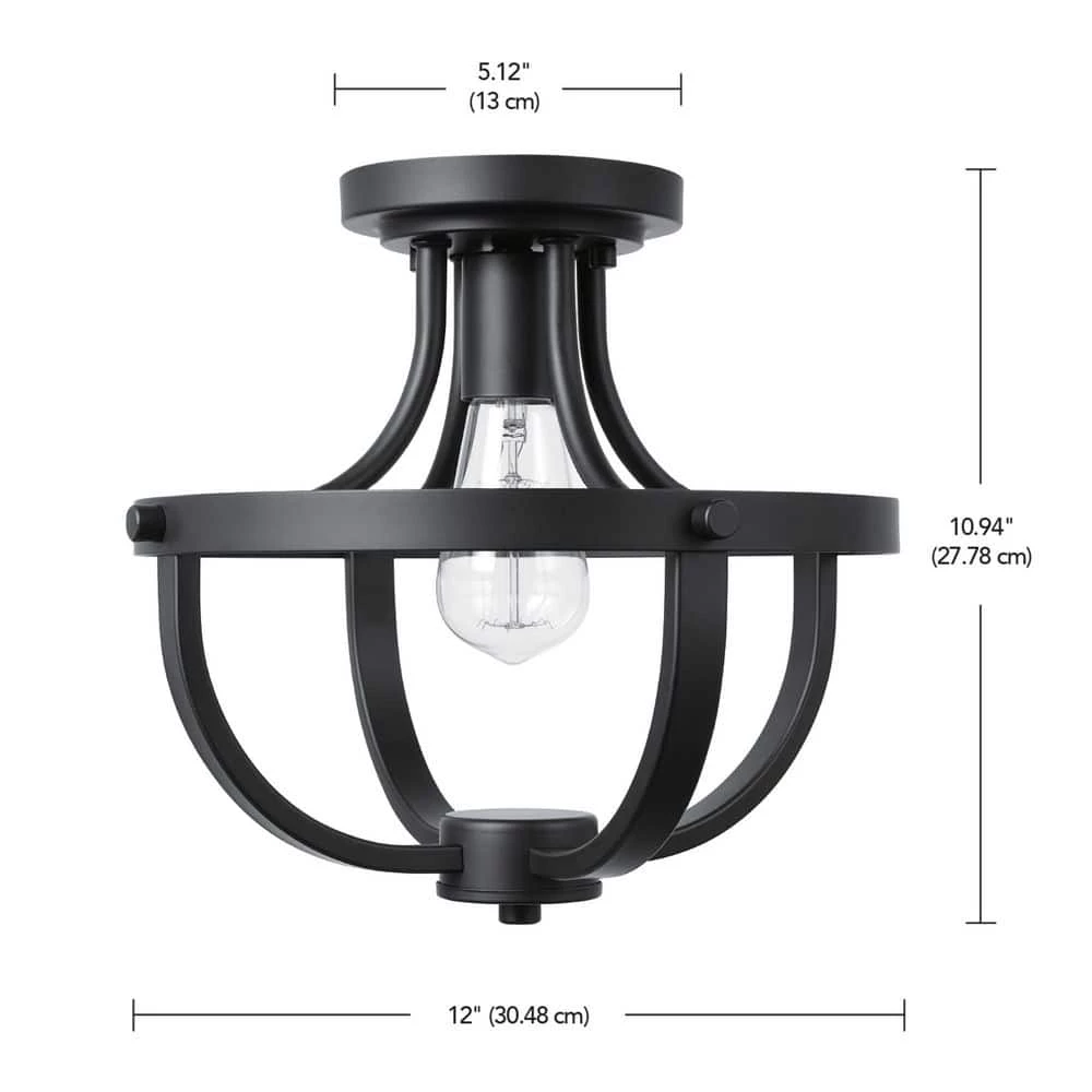 12 in. 1-Light Matte Black Semi-Flush Mount Ceiling Light by Globe Electric 3 12 in. 1-Light Matte Black Semi-Flush Mount Ceiling Light by Globe Electric - Image 3
