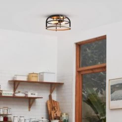 13 in. 2-Light Matte Black Flush Mount Ceiling Light with Faux Wood Accents by Globe Electric -Deals Globe Electric Store matte black globe electric flush mount lights 91002837 31 1000
