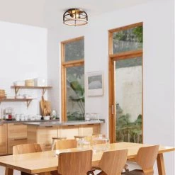 13 in. 2-Light Matte Black Flush Mount Ceiling Light with Faux Wood Accents by Globe Electric -Deals Globe Electric Store matte black globe electric flush mount lights 91002837 4f 1000