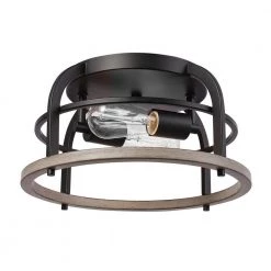 13 in. 2-Light Matte Black Flush Mount Ceiling Light with Faux Wood Accents by Globe Electric