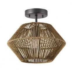 12 in. 1-Light Matte Black Flush Semi-Flush Mount Ceiling Light with Natural Twine Shade by Globe Electric