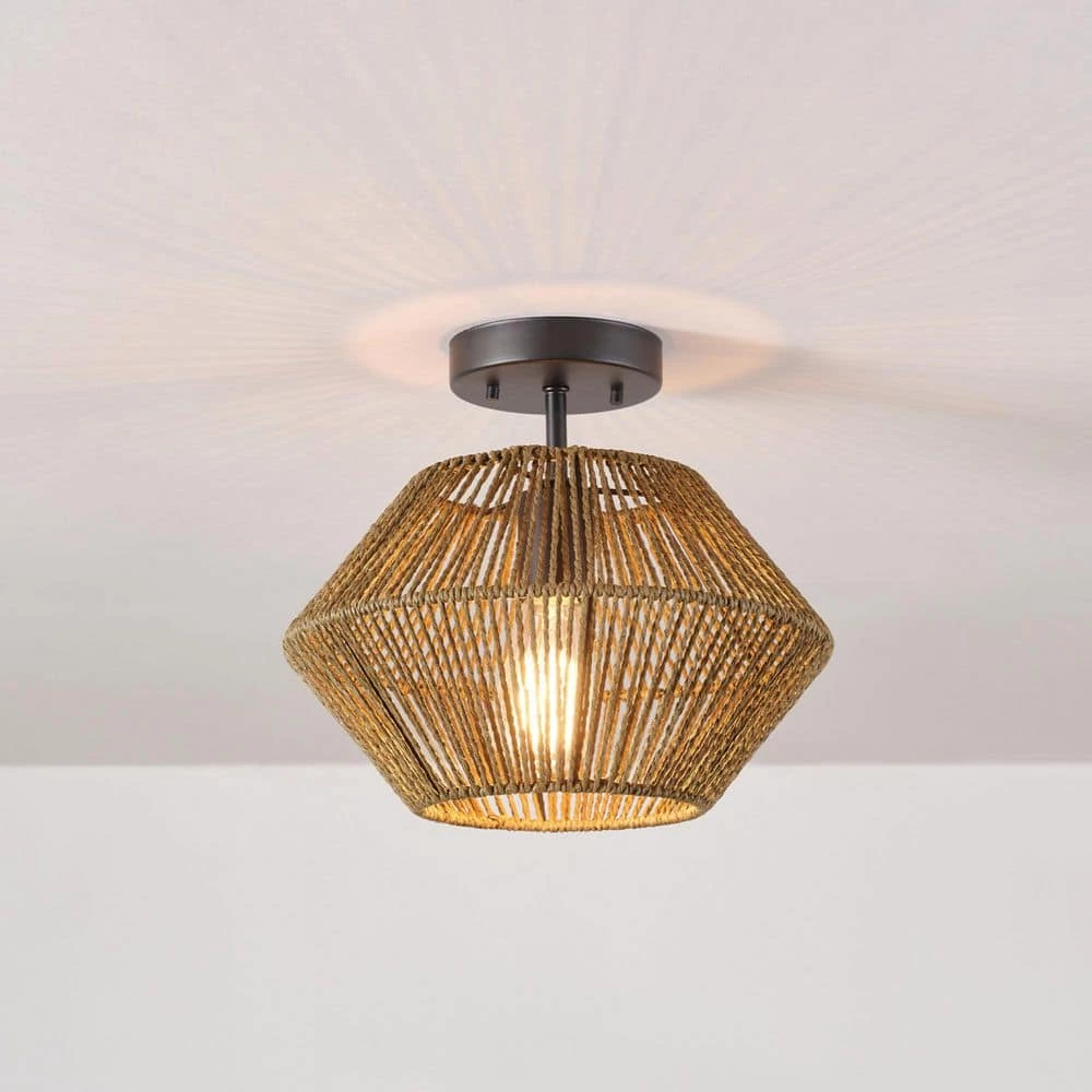 12 in. 1-Light Matte Black Flush Semi-Flush Mount Ceiling Light with Natural Twine Shade by Globe Electric 7 12 in. 1-Light Matte Black Flush Semi-Flush Mount Ceiling Light with Natural Twine Shade by Globe Electric - Image 7