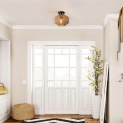 10.25 in. 1-Light Matte Black Semi-Flush Mount Ceiling Light with Paper Twine Shade by Globe Electric -Deals Globe Electric Store matte black globe electric flush mount lights 91002847 4f 1000