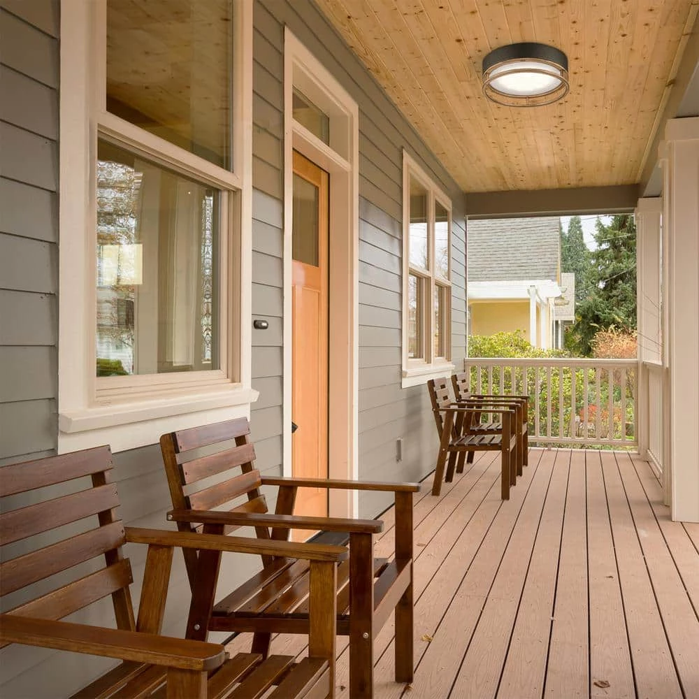 Ray 1-Light Mate Black 18.5-Watt LED Integrated Outdoor Indoor Flush Mount Ceiling Light with Faux Wood Accent by Globe Electric 2 Ray 1-Light Mate Black 18.5-Watt LED Integrated Outdoor Indoor Flush Mount Ceiling Light with Faux Wood Accent by Globe Electric - Image 2