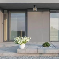 Middleton 1-Light Matte Black Outdoor Indoor Flush Mount Ceiling Light with Clear Glass Shade by Globe Electric -Deals Globe Electric Store matte black globe electric outdoor flush mount lights 44678 4f 1000