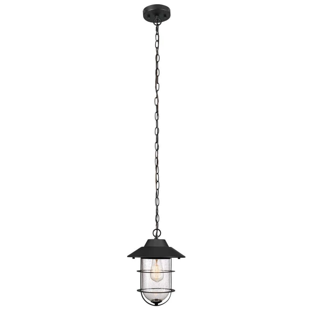 Matthews Matte Black Outdoor/Indoor 1-Light Hanging Pendant with Seeded Glass Shade by Globe Electric 1 Matthews Matte Black Outdoor/Indoor 1-Light Hanging Pendant with Seeded Glass Shade by Globe Electric