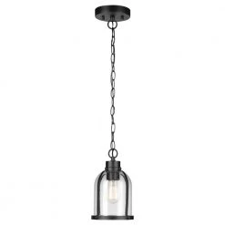 1-Light Matte Black Outdoor Indoor Pendant Light with Clear Seeded Glass Shade, Vintage Incandescent Bulb Included by Globe Electric