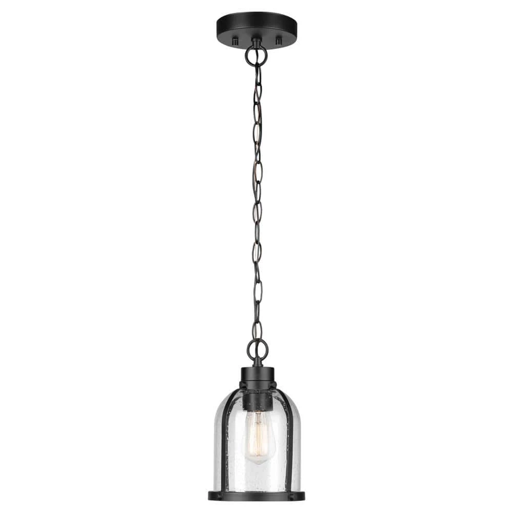 1-Light Matte Black Outdoor Indoor Pendant Light with Clear Seeded Glass Shade, Vintage Incandescent Bulb Included by Globe Electric 1 1-Light Matte Black Outdoor Indoor Pendant Light with Clear Seeded Glass Shade, Vintage Incandescent Bulb Included by Globe Electric