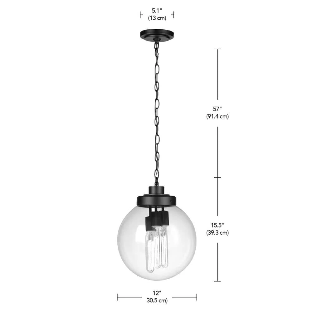 3-Light Matte Black Outdoor Indoor Pendant with Clear Glass Shade, Incandescent Bulbs Included by Globe Electric 6 3-Light Matte Black Outdoor Indoor Pendant with Clear Glass Shade, Incandescent Bulbs Included by Globe Electric - Image 6