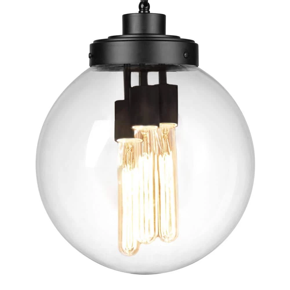 3-Light Matte Black Outdoor Indoor Pendant with Clear Glass Shade, Incandescent Bulbs Included by Globe Electric 4 3-Light Matte Black Outdoor Indoor Pendant with Clear Glass Shade, Incandescent Bulbs Included by Globe Electric - Image 4