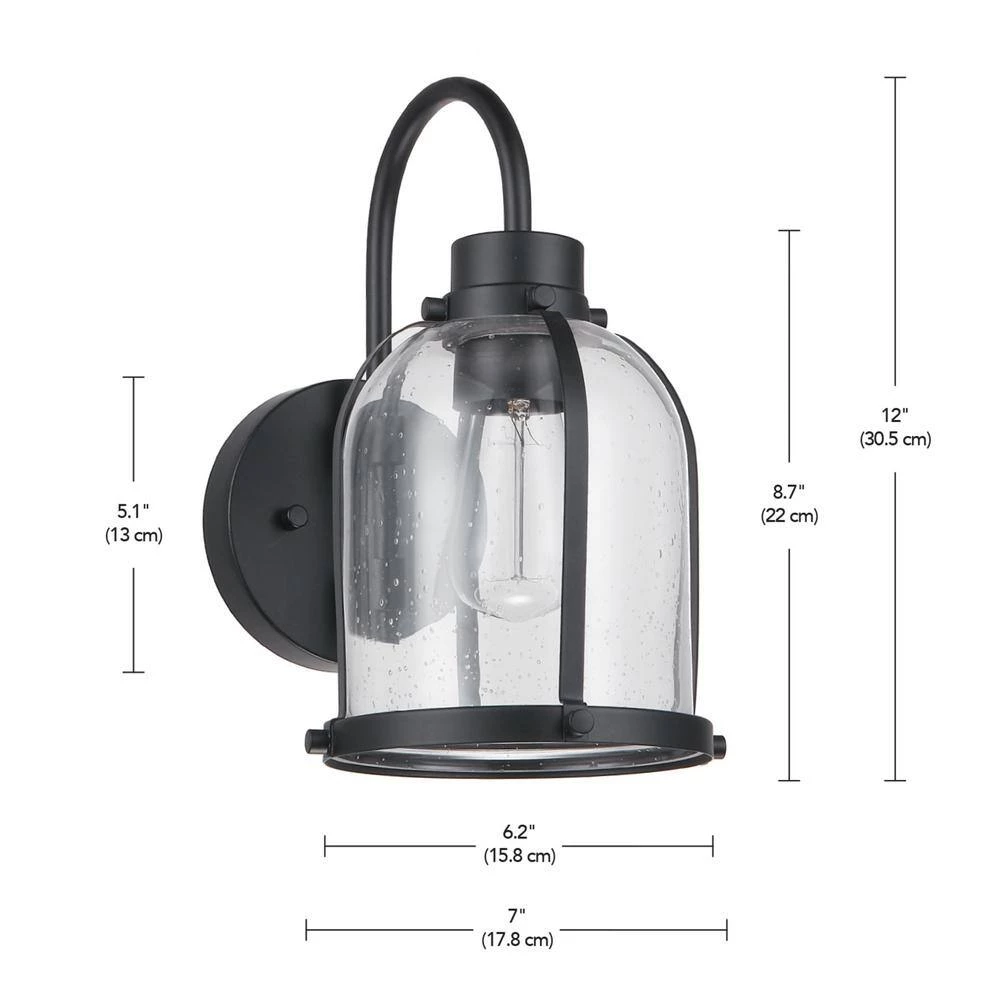 1-Light Matte Black Outdoor Indoor Wall Lantern Sconce with Clear Seeded Glass Shade, Vintage Incandescent Bulb Included by Globe Electric 6 1-Light Matte Black Outdoor Indoor Wall Lantern Sconce with Clear Seeded Glass Shade, Vintage Incandescent Bulb Included by Globe Electric - Image 6