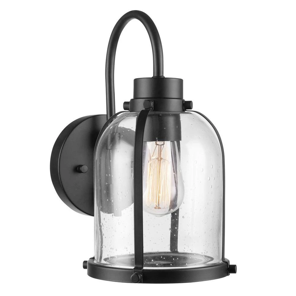 1-Light Matte Black Outdoor Indoor Wall Lantern Sconce with Clear Seeded Glass Shade, Vintage Incandescent Bulb Included by Globe Electric 1 1-Light Matte Black Outdoor Indoor Wall Lantern Sconce with Clear Seeded Glass Shade, Vintage Incandescent Bulb Included by Globe Electric