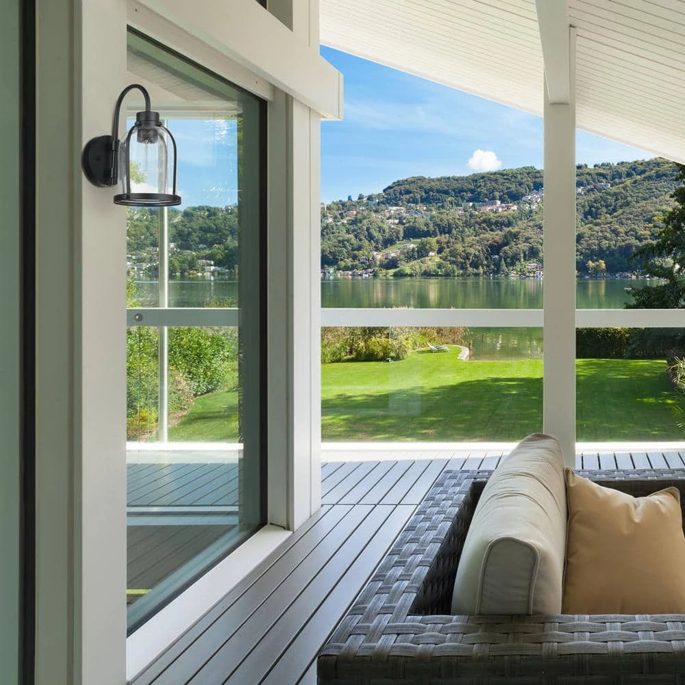 1-Light Matte Black Outdoor Indoor Wall Lantern Sconce with Clear Seeded Glass Shade, Vintage Incandescent Bulb Included by Globe Electric 2 1-Light Matte Black Outdoor Indoor Wall Lantern Sconce with Clear Seeded Glass Shade, Vintage Incandescent Bulb Included by Globe Electric - Image 2