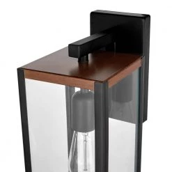 Bowery 1-Light Matte Black Outdoor Indoor Wall Lantern Sconce with Faux Wood Accents and Clear Glass Shade by Globe Electric -Deals Globe Electric Store matte black globe electric outdoor sconces 44681 44 1000