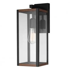 Bowery 1-Light Matte Black Outdoor Indoor Wall Lantern Sconce with Faux Wood Accents and Clear Glass Shade by Globe Electric