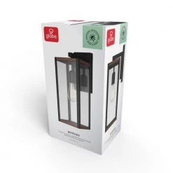 Bowery 1-Light Matte Black Outdoor Indoor Wall Lantern Sconce with Faux Wood Accents and Clear Glass Shade by Globe Electric -Deals Globe Electric Store matte black globe electric outdoor sconces 44681 76 1000
