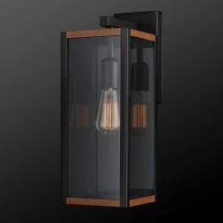 Bowery 1-Light Matte Black Outdoor Indoor Wall Lantern Sconce with Faux Wood Accents and Clear Glass Shade by Globe Electric -Deals Globe Electric Store matte black globe electric outdoor sconces 44681 c3 1000