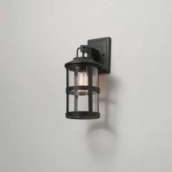 Penelope 1-Light Matte Black Hardwired Outdoor Indoor Wall Lantern Sconce with Seeded Glass Shade by Globe Electric -Deals Globe Electric Store matte black globe electric outdoor sconces 44732 40 1000