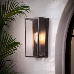 Greer 1-Light Matte Black Outdoor Indoor Wall Lantern Sconce with Faux Wood Accents and Clear Glass Shade by Globe Electric -Deals Globe Electric Store matte black globe electric outdoor sconces 44788 40 1000