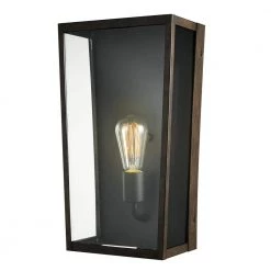 Greer 1-Light Matte Black Outdoor Indoor Wall Lantern Sconce with Faux Wood Accents and Clear Glass Shade by Globe Electric